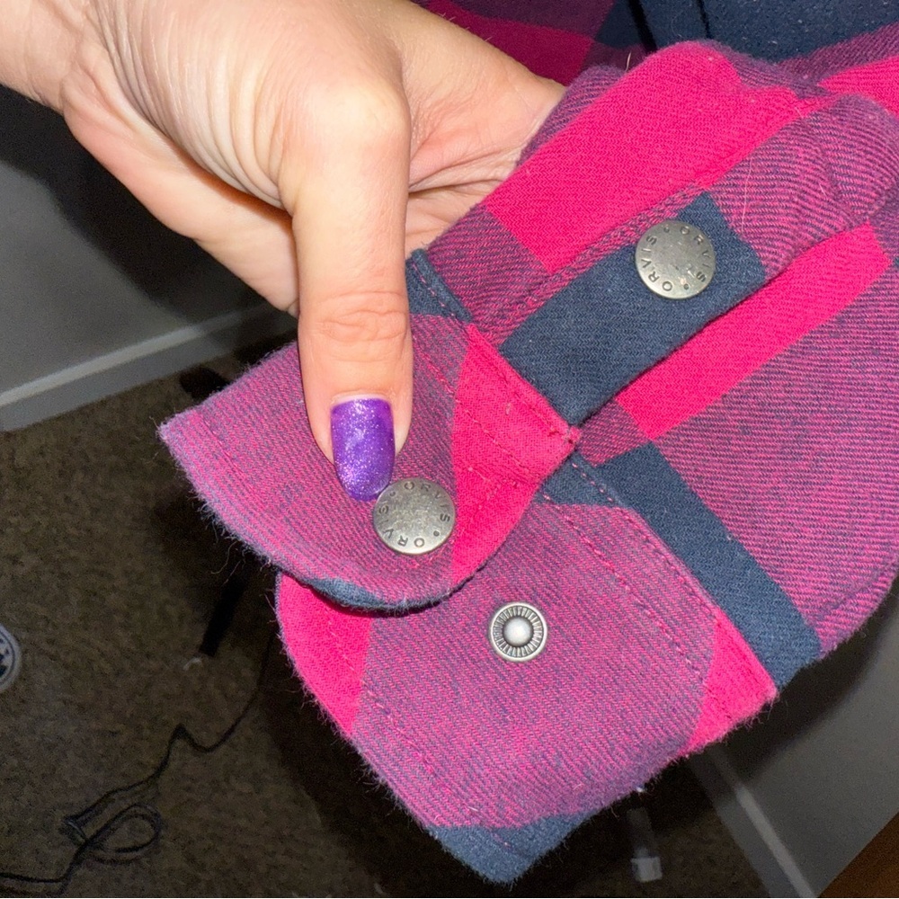 Orvis Pink Navy Buffalo Plaid Flannel Shirt Snap Western Grunge Y2K- Medium - Picture 7 of 9